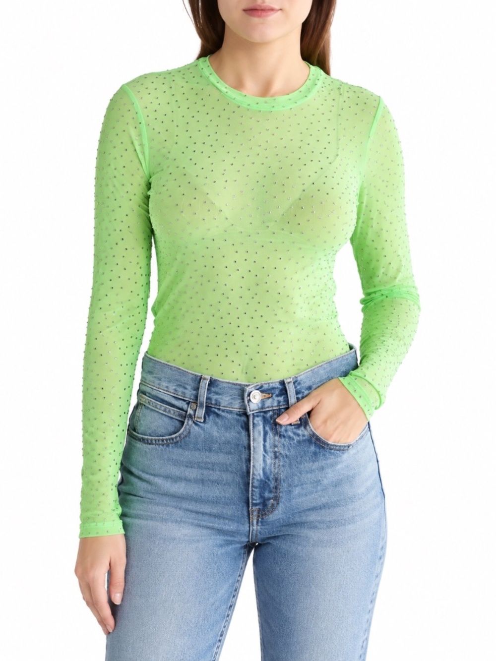 AFRM NWT Sunny Rhinestone Sheer Mesh Long Sleeve Top Lime Green Women Size M
